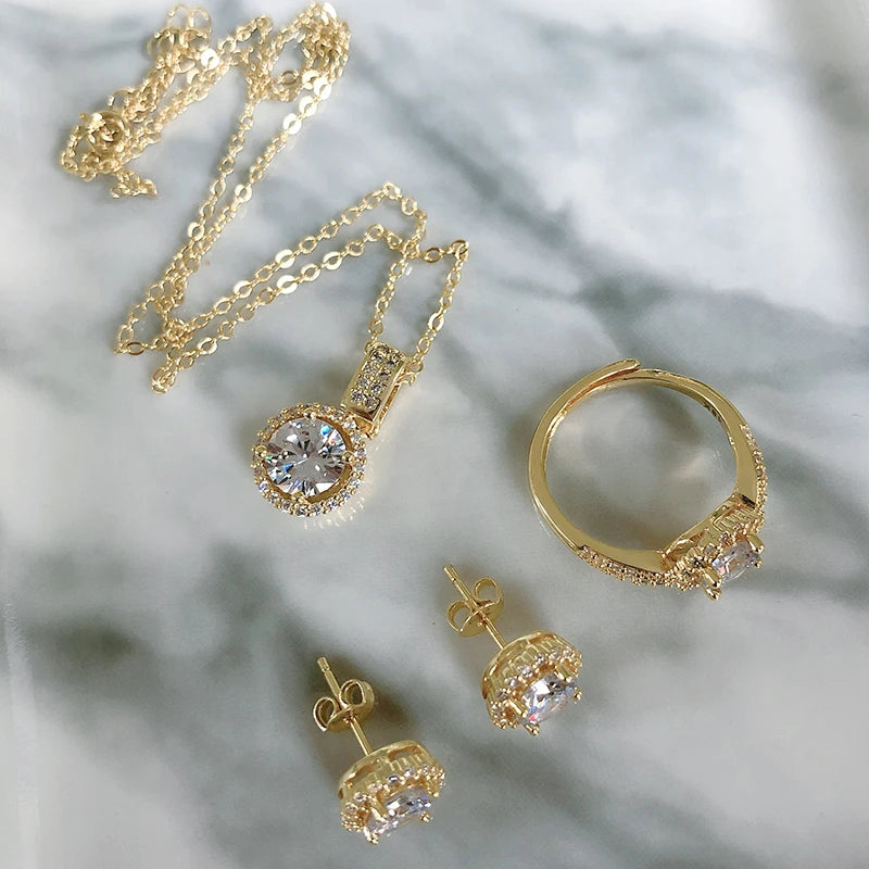 Kinel 18K Gold Zircon Jewelry Sets Engagement Ring Necklace Earring for Bridal Wedding Jewelry Valentine's Day Gift for Women
