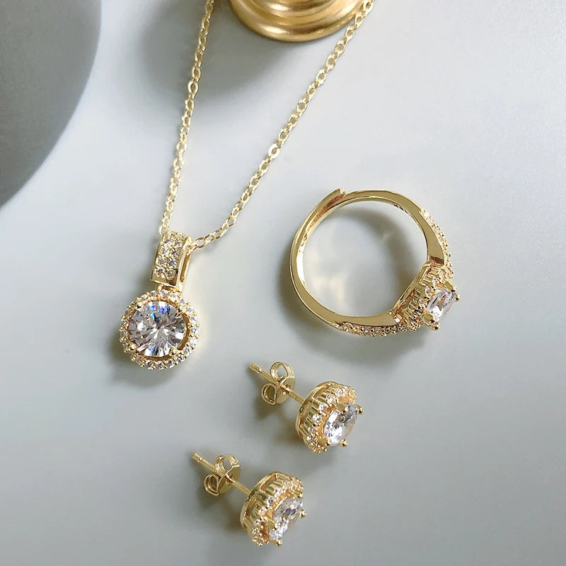 Kinel 18K Gold Zircon Jewelry Sets Engagement Ring Necklace Earring for Bridal Wedding Jewelry Valentine's Day Gift for Women
