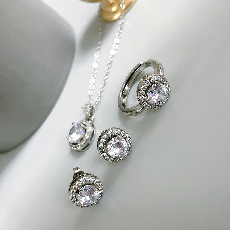 Kinel 18K Gold Zircon Jewelry Sets Engagement Ring Necklace Earring for Bridal Wedding Jewelry Valentine's Day Gift for Women