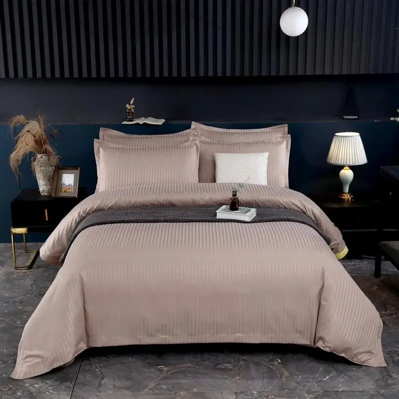 3Pcs White Satin Stripe Hotel Style Duvet Cover Set, Breathable Soft Fabric, 1 Duvet Cover 2 Pillowcases (Without Filler),