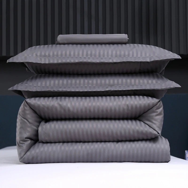 3Pcs White Satin Stripe Hotel Style Duvet Cover Set, Breathable Soft Fabric, 1 Duvet Cover 2 Pillowcases (Without Filler),