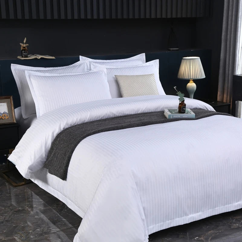 3Pcs White Satin Stripe Hotel Style Duvet Cover Set, Breathable Soft Fabric, 1 Duvet Cover 2 Pillowcases (Without Filler),
