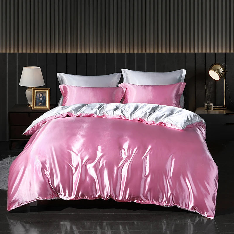 Luxury Satin  Bedding Set With Flat Sheet Duvet Cover High End Bedding Set  High Density Satin  Solid Color Bedding