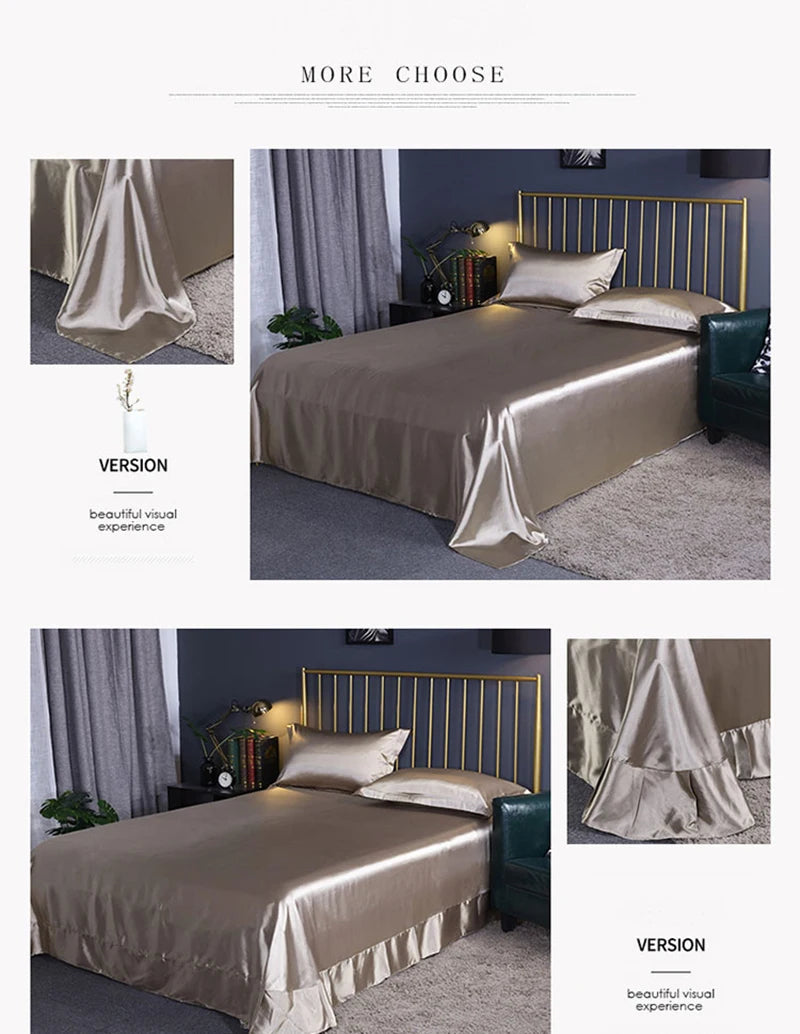 Silk Bedding Set with Duvet Cover Fitted/Flat Bed Sheet Pillowcase Luxury Satin Bedsheet Solid Color King Queen Twin Size