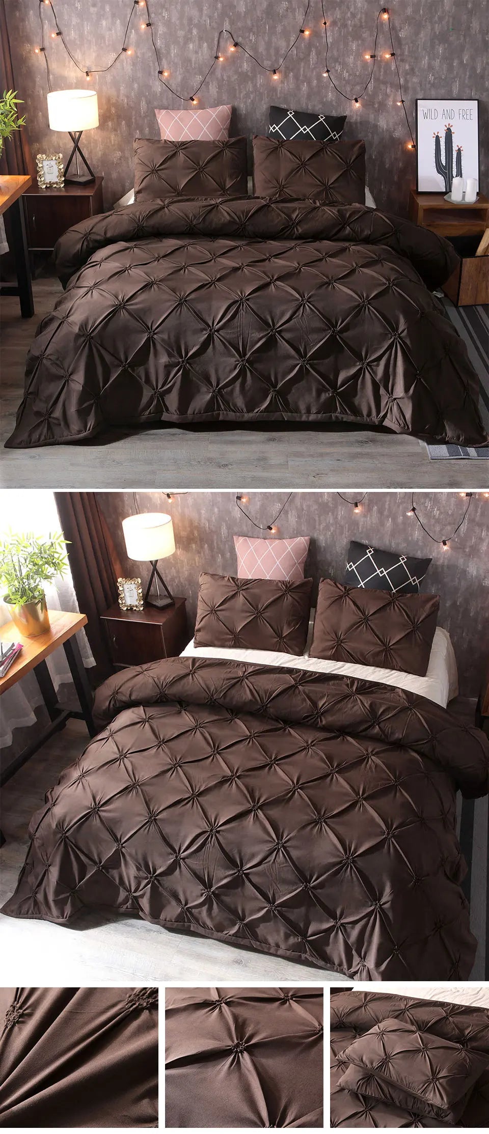 100% Egyptian Cotton Pinch Pleated Textured 3 Piece Duvet Cover with Zipper Closure & Corner Ties Bedding Set with Pillowcase