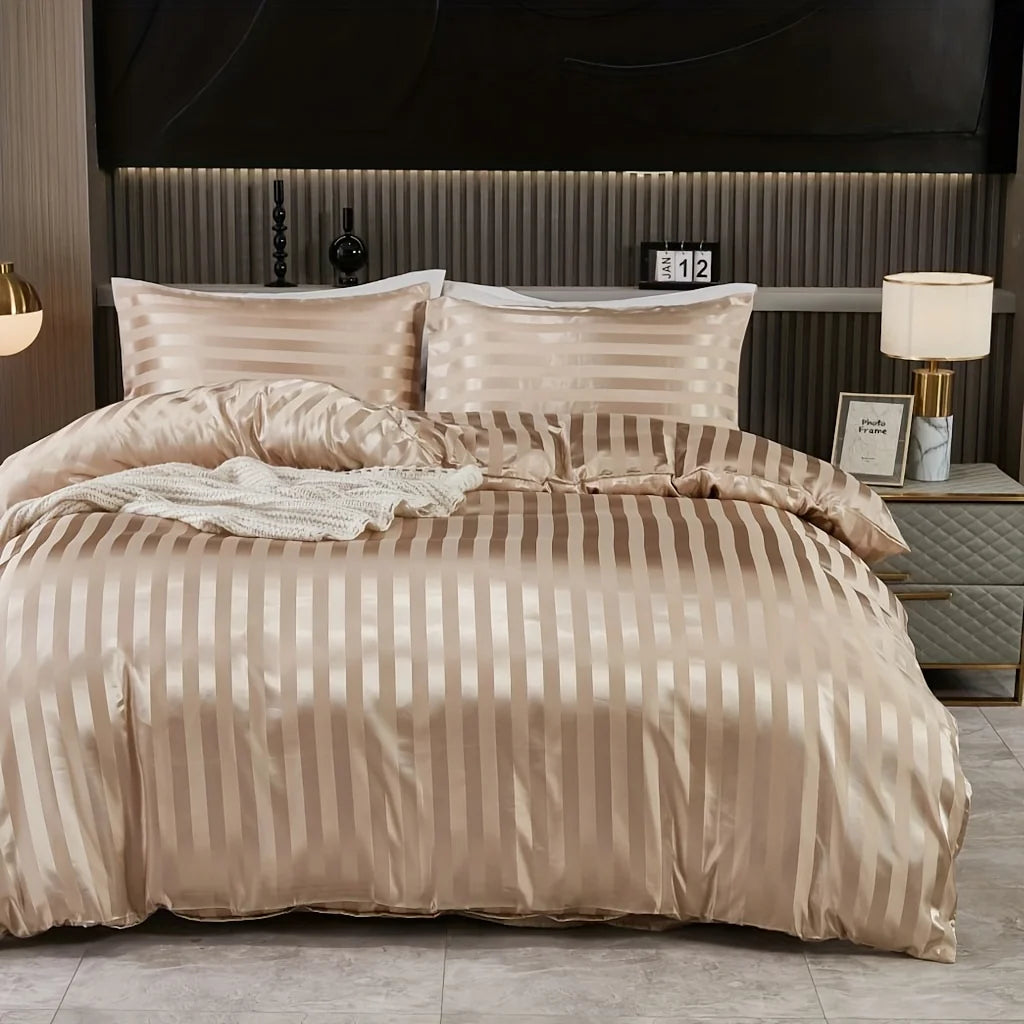 3 pieces of simple and classic satin striped duvet cover set, suitable for bedrooms, dormitories and hotels, holiday gifts