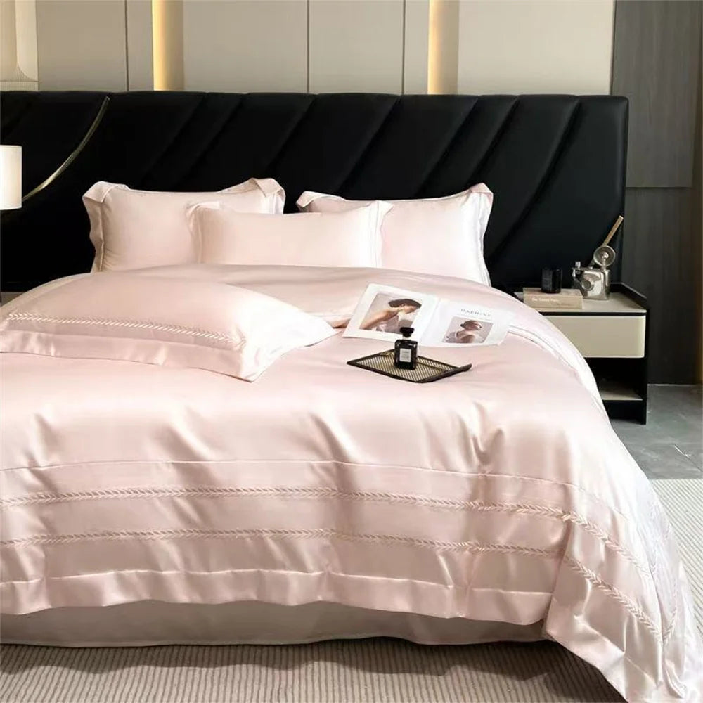 Luxury 100% Tencel Bedding Set 4pcs With Sheet 2025 New Summer Solid Embroidery Queen King Size Duvet Cover Pillowcases