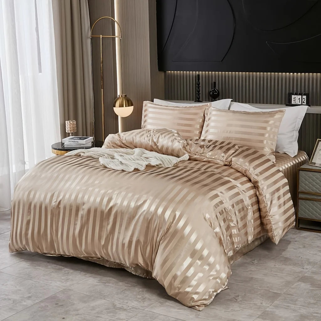 3 pieces of simple and classic satin striped duvet cover set, suitable for bedrooms, dormitories and hotels, holiday gifts