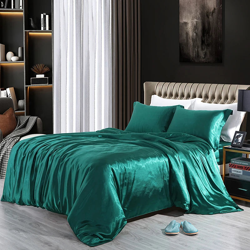 Luxury Satin  Bedding Set With Flat Sheet Duvet Cover High End Bedding Set  High Density Satin  Solid Color Bedding