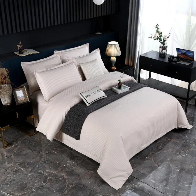 3Pcs White Satin Stripe Hotel Style Duvet Cover Set, Breathable Soft Fabric, 1 Duvet Cover 2 Pillowcases (Without Filler),