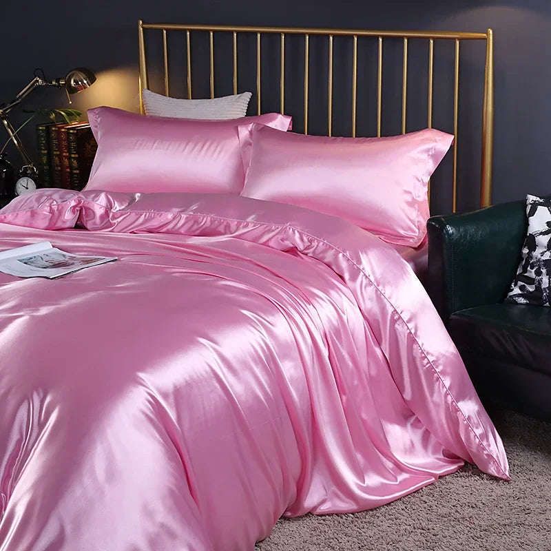 Silk Bedding Set with Duvet Cover Fitted/Flat Bed Sheet Pillowcase Luxury Satin Bedsheet Solid Color King Queen Twin Size