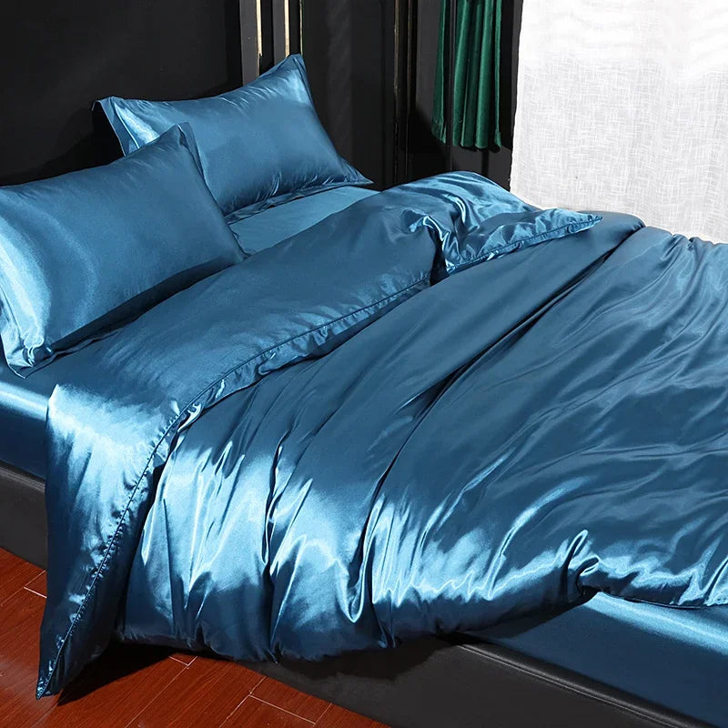 Silk Bedding Set with Duvet Cover Fitted/Flat Bed Sheet Pillowcase Luxury Satin Bedsheet Solid Color King Queen Twin Size