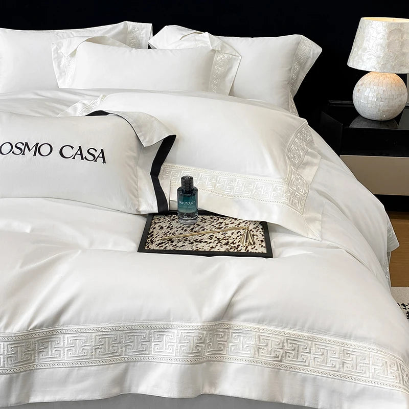 600TC Egyptian Cotton White Luxury Embroidery Hotel Style Bedding Set Duvet Cover Set Flat/Fitted Bed Sheet Pillowcases 4Pcs