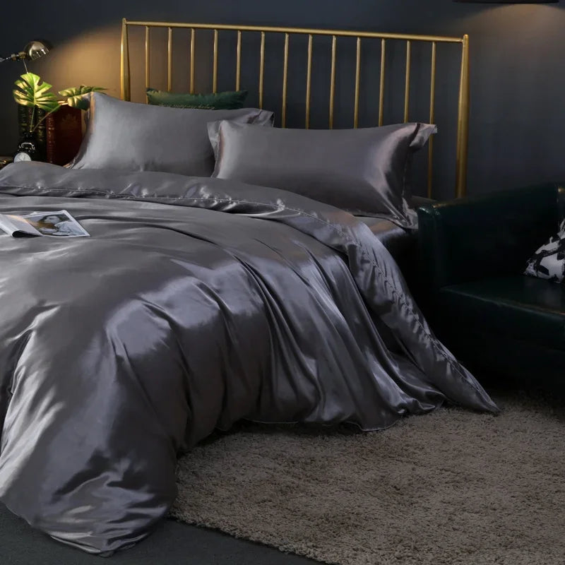 Silk Bedding Set with Duvet Cover Fitted/Flat Bed Sheet Pillowcase Luxury Satin Bedsheet Solid Color King Queen Twin Size