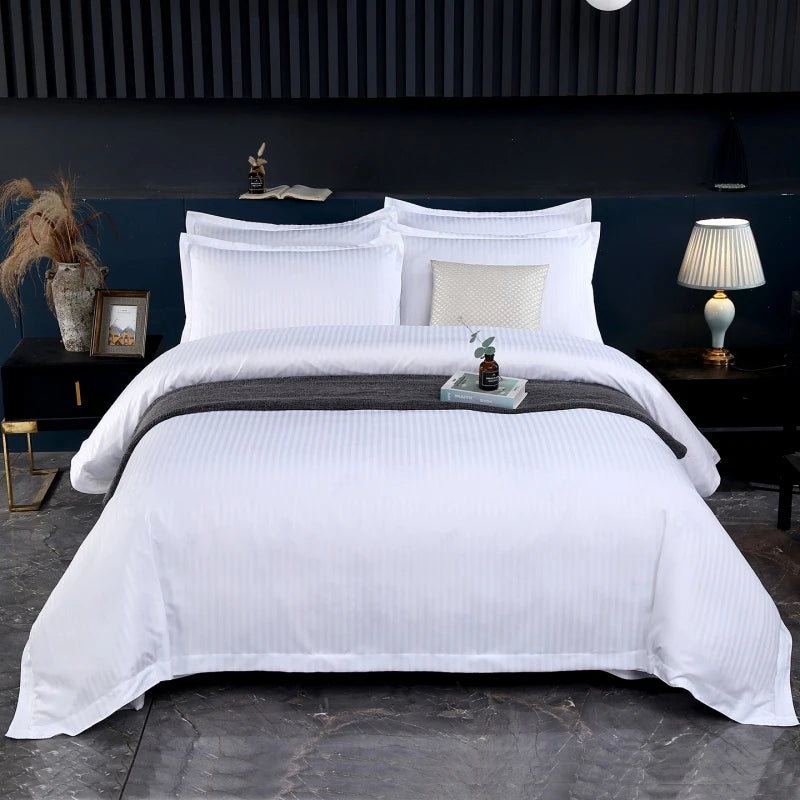 3Pcs White Satin Stripe Hotel Style Duvet Cover Set, Breathable Soft Fabric, 1 Duvet Cover 2 Pillowcases (Without Filler),
