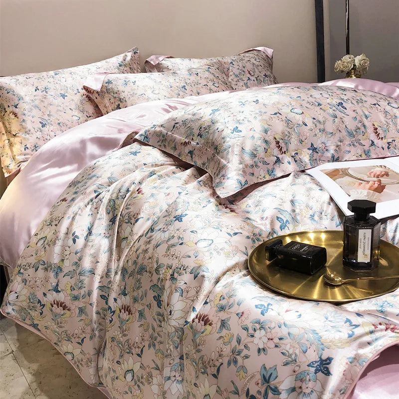 Luxury Blending Mulberry Silk Bedding Set with Duvet Cover Bed Sheet Pillowcase Double Couple Single Summer Blanket Cover Sheets