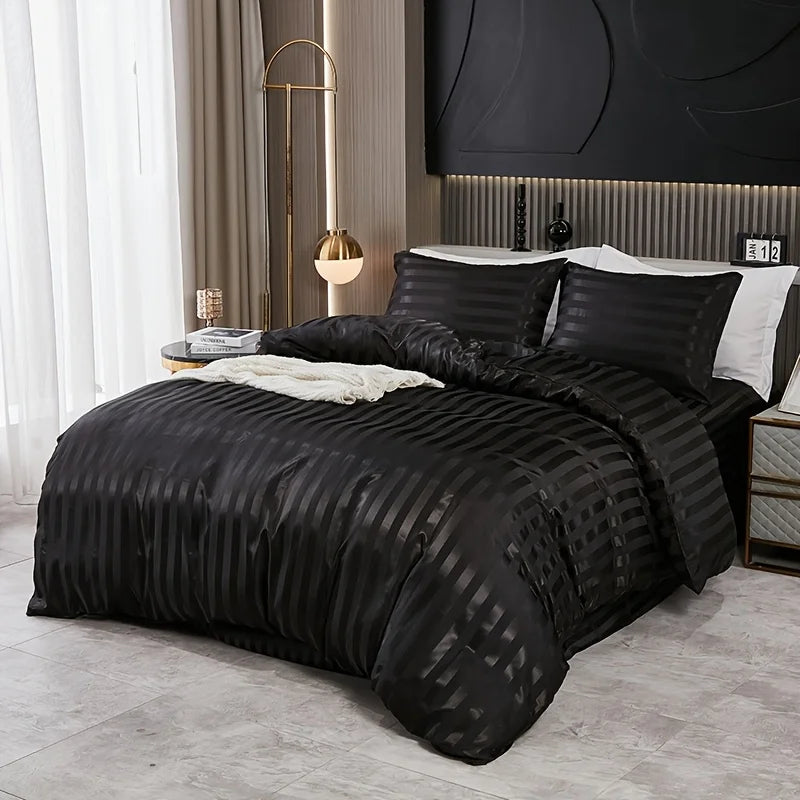 3 pieces of simple and classic satin striped duvet cover set, suitable for bedrooms, dormitories and hotels, holiday gifts