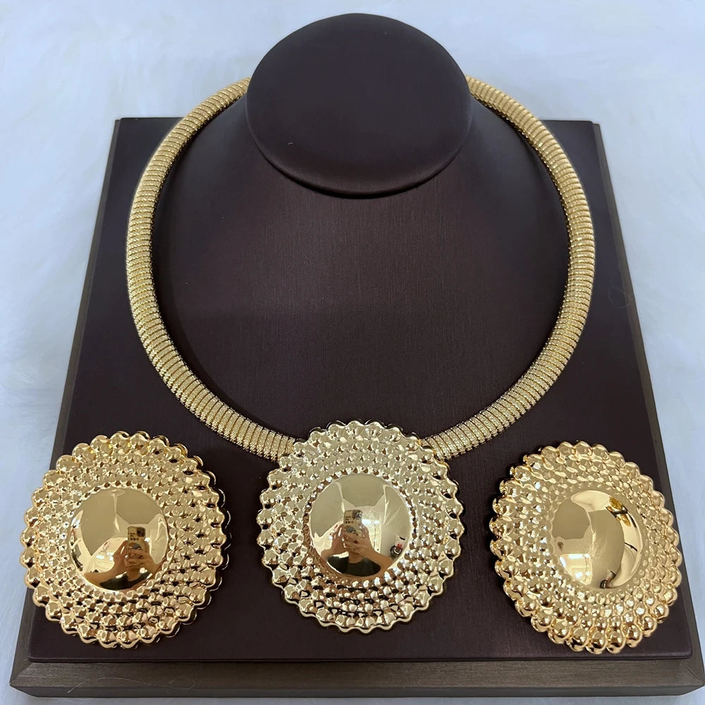 Dubai Jewelry Set for Women Round Beads Pendant Necklace and Earrings Gold Plated Jewelry Set for Weddings Bride Accessory Gift