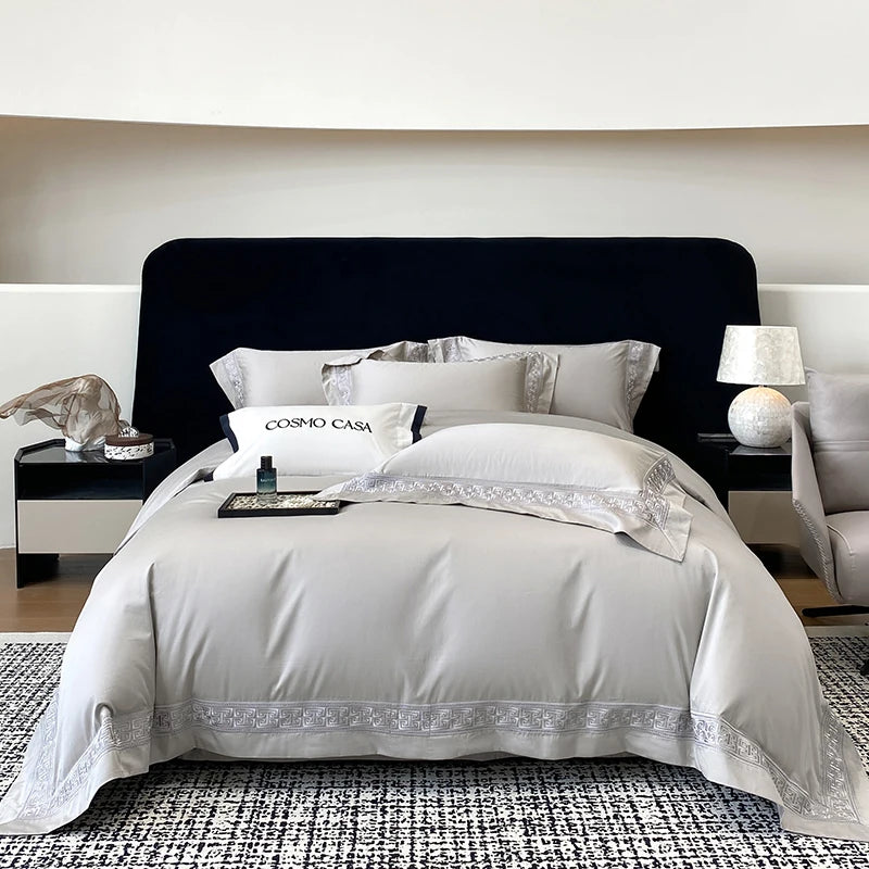 600TC Egyptian Cotton White Luxury Embroidery Hotel Style Bedding Set Duvet Cover Set Flat/Fitted Bed Sheet Pillowcases 4Pcs