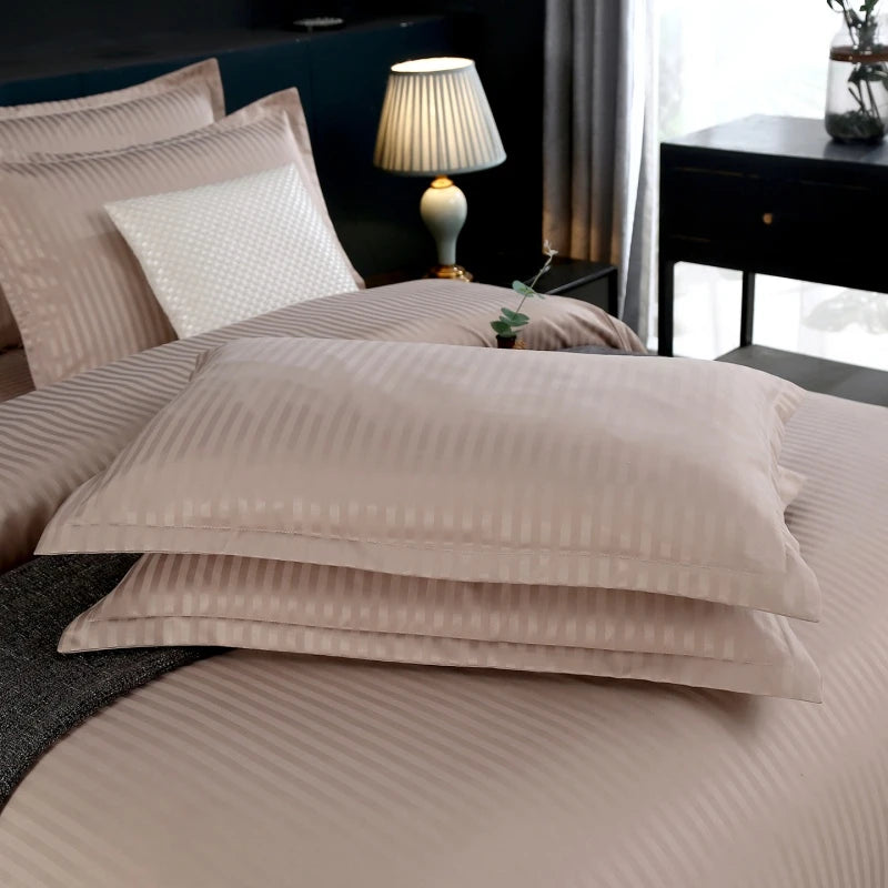 3Pcs White Satin Stripe Hotel Style Duvet Cover Set, Breathable Soft Fabric, 1 Duvet Cover 2 Pillowcases (Without Filler),