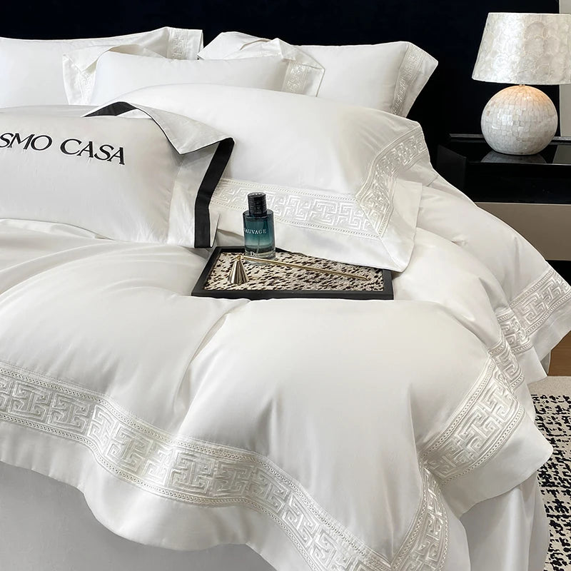 600TC Egyptian Cotton White Luxury Embroidery Hotel Style Bedding Set Duvet Cover Set Flat/Fitted Bed Sheet Pillowcases 4Pcs