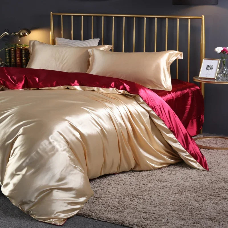 Silk Bedding Set with Duvet Cover Fitted/Flat Bed Sheet Pillowcase Luxury Satin Bedsheet Solid Color King Queen Twin Size
