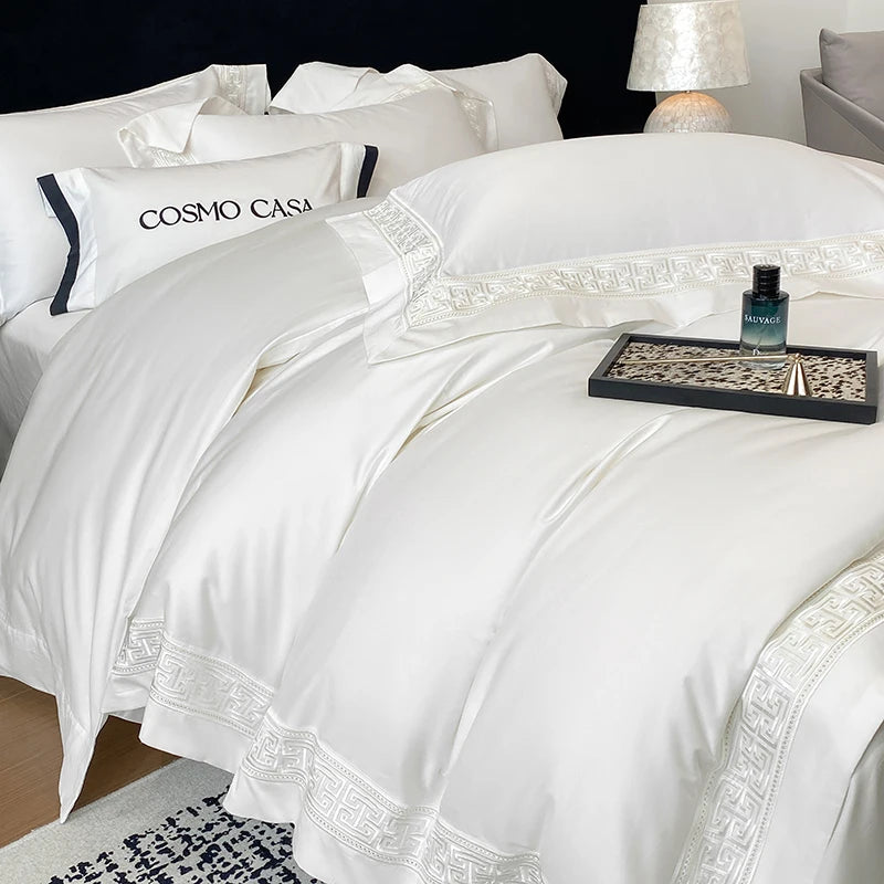 600TC Egyptian Cotton White Luxury Embroidery Hotel Style Bedding Set Duvet Cover Set Flat/Fitted Bed Sheet Pillowcases 4Pcs