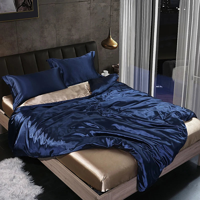 Luxury Satin  Bedding Set With Flat Sheet Duvet Cover High End Bedding Set  High Density Satin  Solid Color Bedding