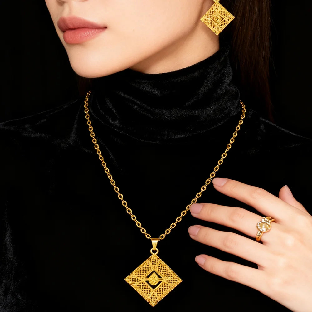 dubai 18k gold color jewelry set for woman wedding party necklace earrings sets indian jewelry set free shipping Wholesale