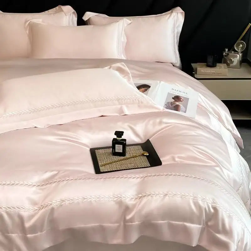 Luxury 100% Tencel Bedding Set 4pcs With Sheet 2025 New Summer Solid Embroidery Queen King Size Duvet Cover Pillowcases