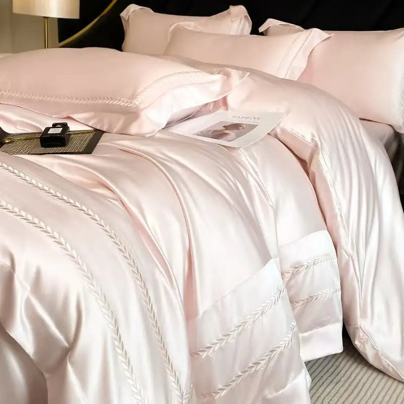 Luxury 100% Tencel Bedding Set 4pcs With Sheet 2025 New Summer Solid Embroidery Queen King Size Duvet Cover Pillowcases