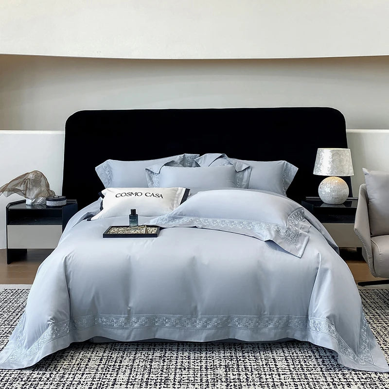 600TC Egyptian Cotton White Luxury Embroidery Hotel Style Bedding Set Duvet Cover Set Flat/Fitted Bed Sheet Pillowcases 4Pcs