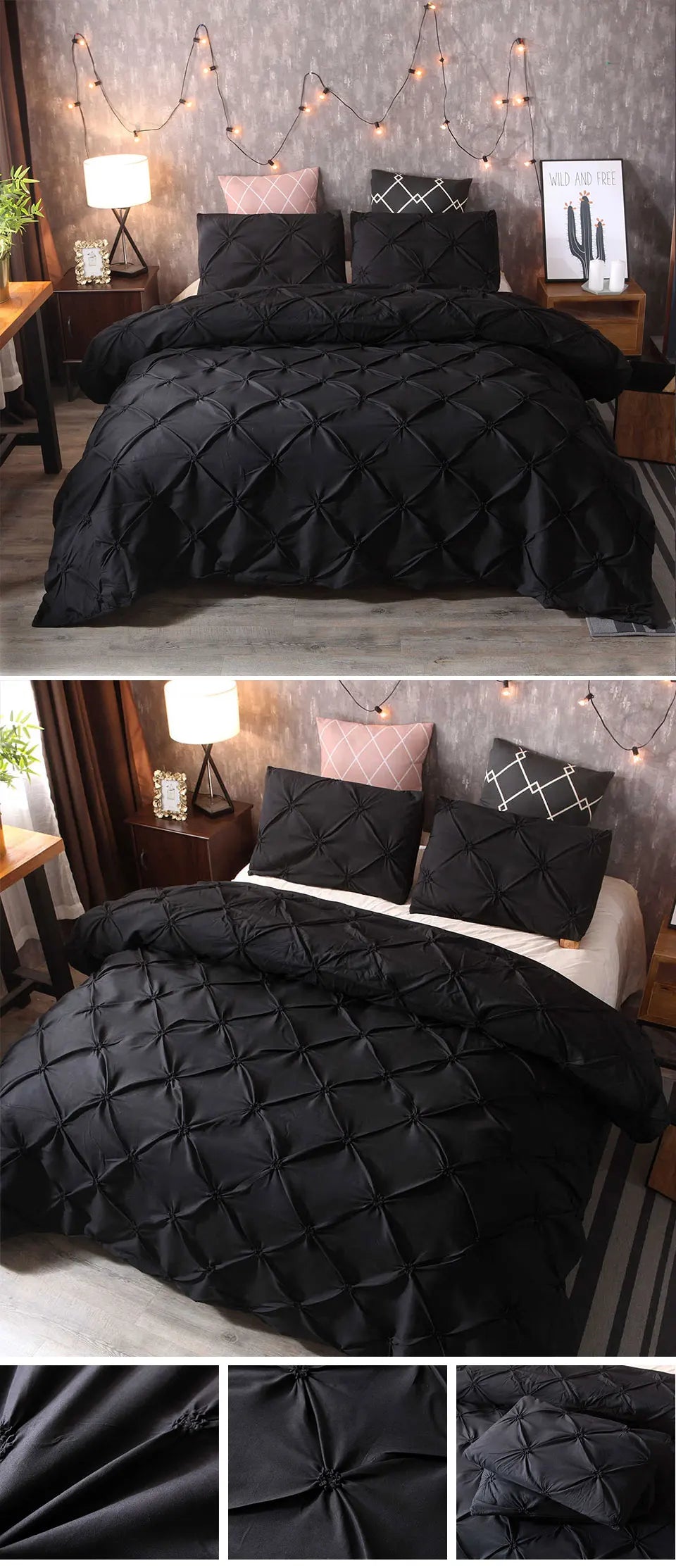 100% Egyptian Cotton Pinch Pleated Textured 3 Piece Duvet Cover with Zipper Closure & Corner Ties Bedding Set with Pillowcase
