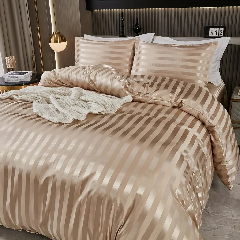 3 pieces of simple and classic satin striped duvet cover set, suitable for bedrooms, dormitories and hotels, holiday gifts