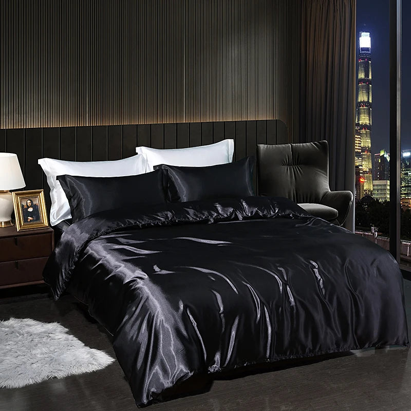 Luxury Satin  Bedding Set With Flat Sheet Duvet Cover High End Bedding Set  High Density Satin  Solid Color Bedding