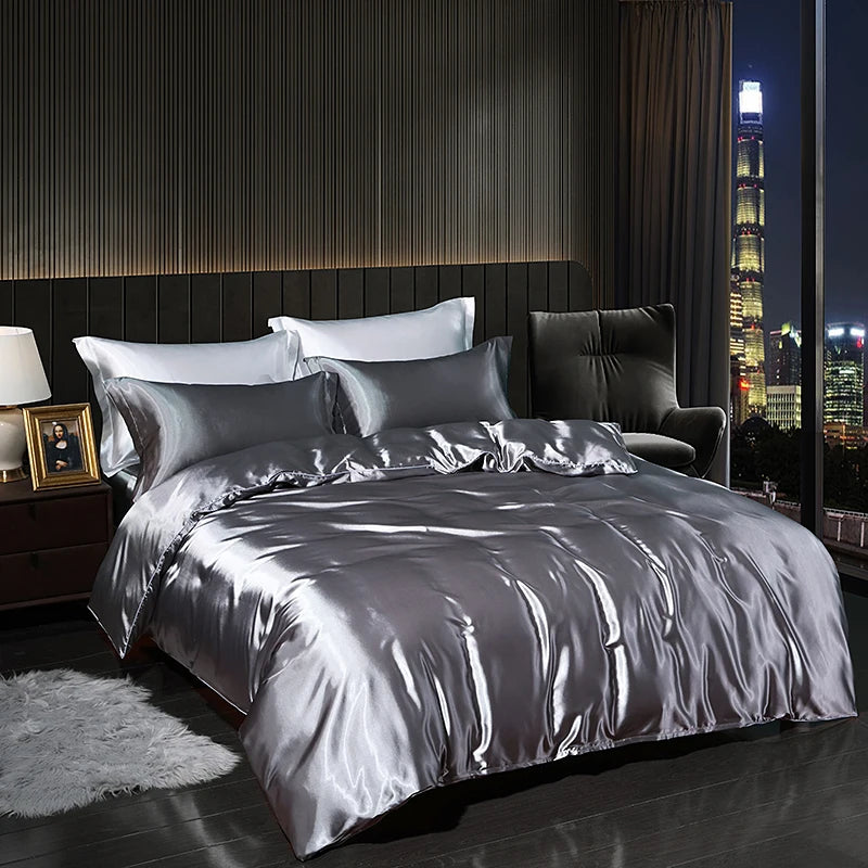 Luxury Satin  Bedding Set With Flat Sheet Duvet Cover High End Bedding Set  High Density Satin  Solid Color Bedding
