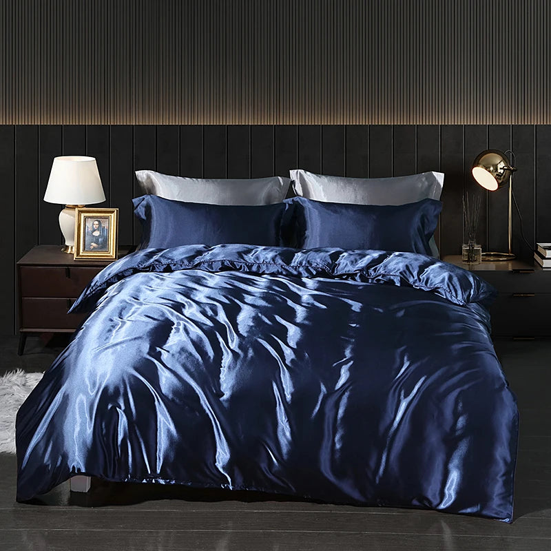 Luxury Satin  Bedding Set With Flat Sheet Duvet Cover High End Bedding Set  High Density Satin  Solid Color Bedding