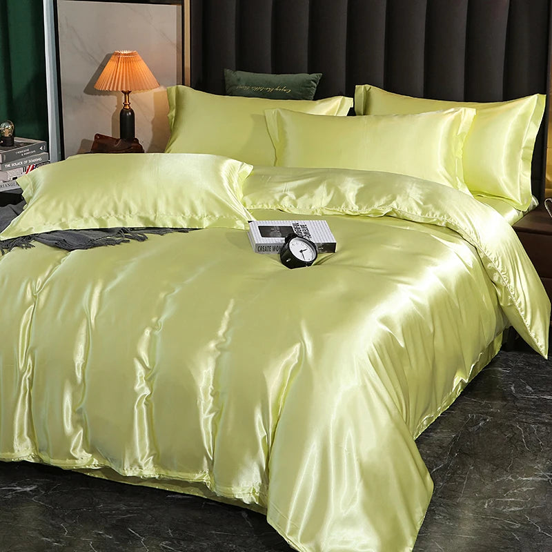 Luxury Satin  Bedding Set With Flat Sheet Duvet Cover High End Bedding Set  High Density Satin  Solid Color Bedding