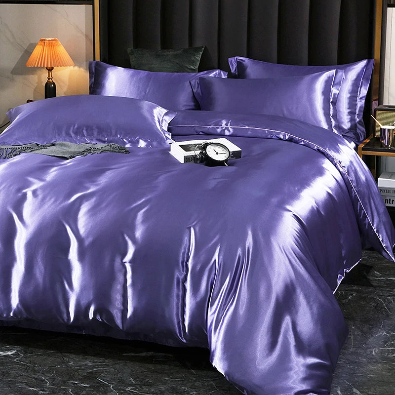 Luxury Satin  Bedding Set With Flat Sheet Duvet Cover High End Bedding Set  High Density Satin  Solid Color Bedding