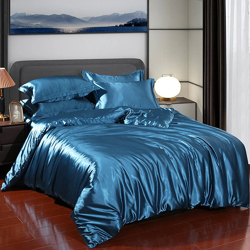 Luxury Satin  Bedding Set With Flat Sheet Duvet Cover High End Bedding Set  High Density Satin  Solid Color Bedding