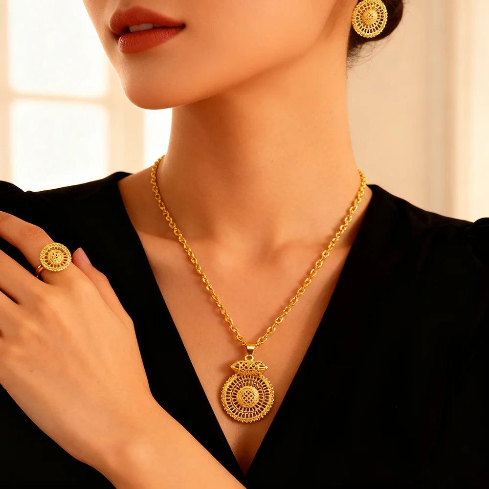 dubai 18k gold color jewelry set for woman wedding party necklace earrings sets indian jewelry set free shipping Wholesale