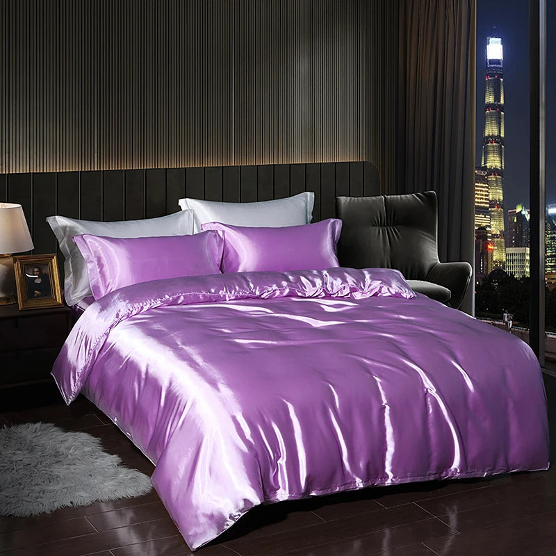 Luxury Satin  Bedding Set With Flat Sheet Duvet Cover High End Bedding Set  High Density Satin  Solid Color Bedding