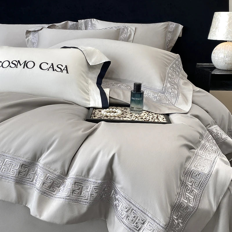 600TC Egyptian Cotton White Luxury Embroidery Hotel Style Bedding Set Duvet Cover Set Flat/Fitted Bed Sheet Pillowcases 4Pcs