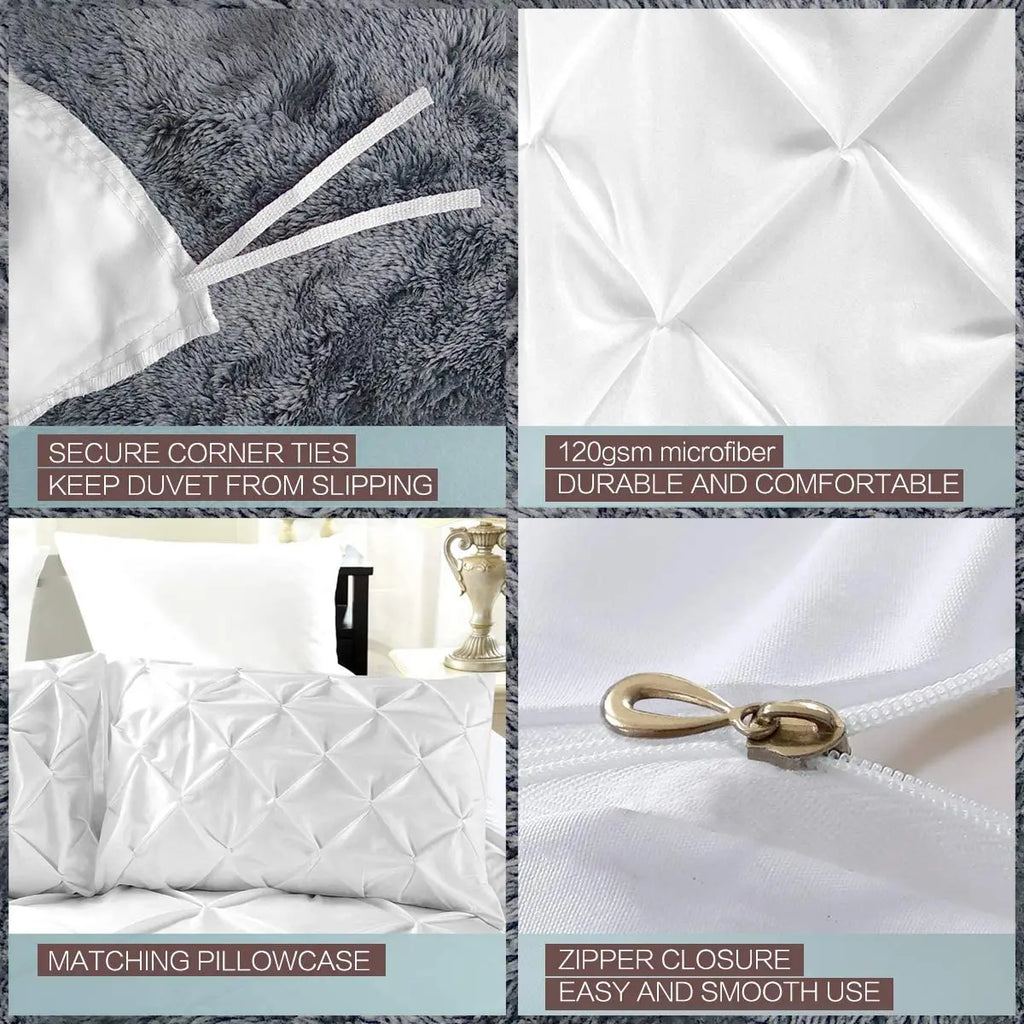 100% Egyptian Cotton Pinch Pleated Textured 3 Piece Duvet Cover with Zipper Closure & Corner Ties Bedding Set with Pillowcase