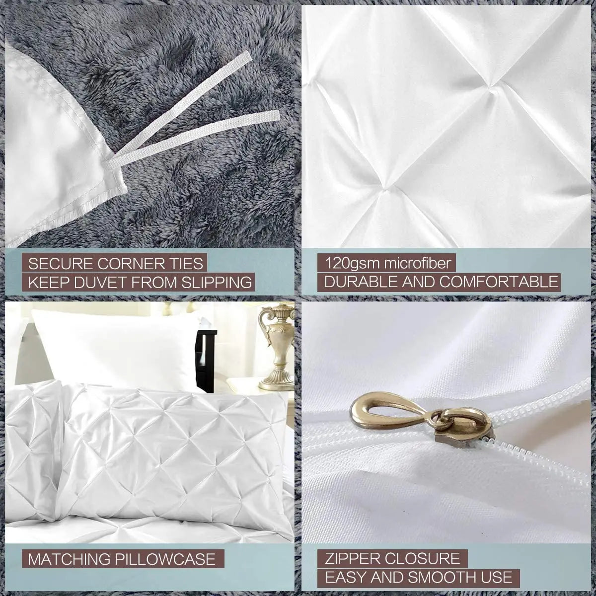 100% Egyptian Cotton Pinch Pleated Textured 3 Piece Duvet Cover with Zipper Closure & Corner Ties Bedding Set with Pillowcase