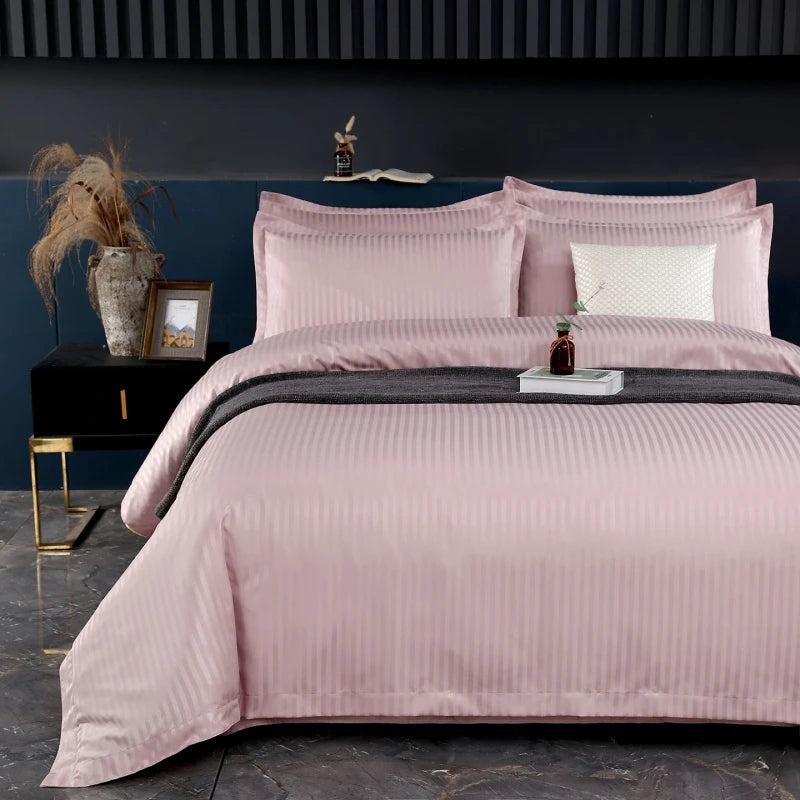 3Pcs White Satin Stripe Hotel Style Duvet Cover Set, Breathable Soft Fabric, 1 Duvet Cover 2 Pillowcases (Without Filler),