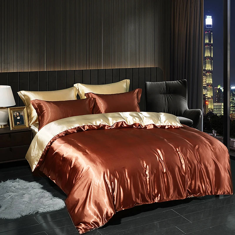 Luxury Satin  Bedding Set With Flat Sheet Duvet Cover High End Bedding Set  High Density Satin  Solid Color Bedding