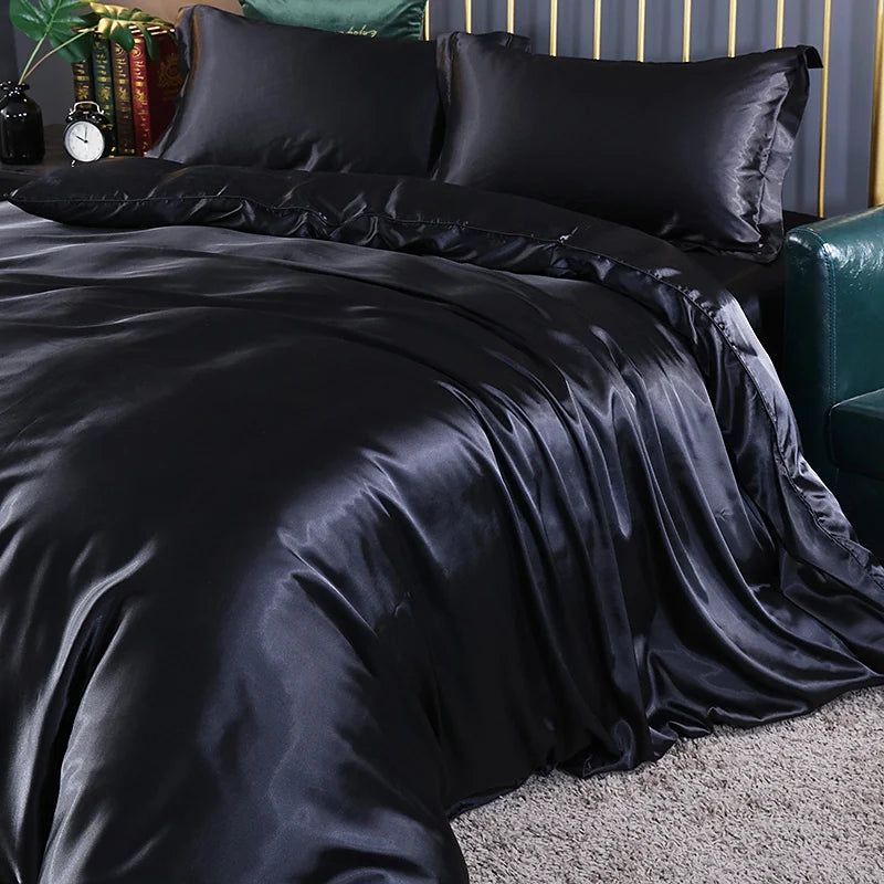Silk Bedding Set with Duvet Cover Fitted/Flat Bed Sheet Pillowcase Luxury Satin Bedsheet Solid Color King Queen Twin Size