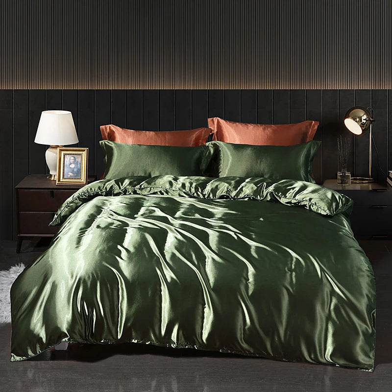 Luxury Satin  Bedding Set With Flat Sheet Duvet Cover High End Bedding Set  High Density Satin  Solid Color Bedding