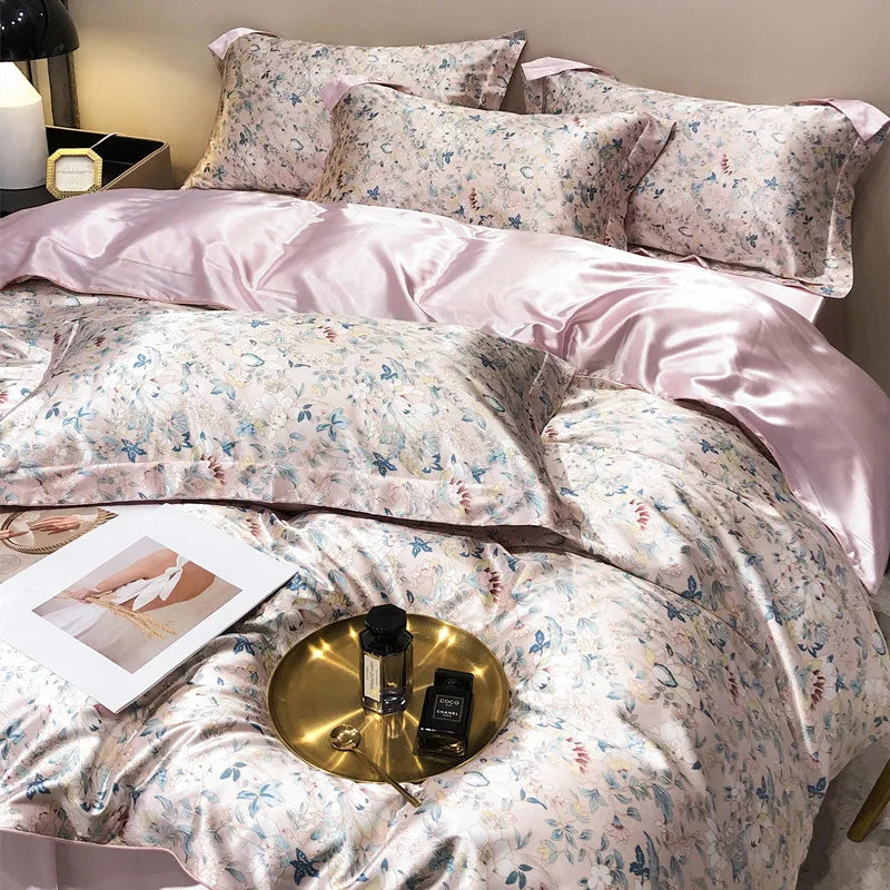 Luxury Blending Mulberry Silk Bedding Set with Duvet Cover Bed Sheet Pillowcase Double Couple Single Summer Blanket Cover Sheets